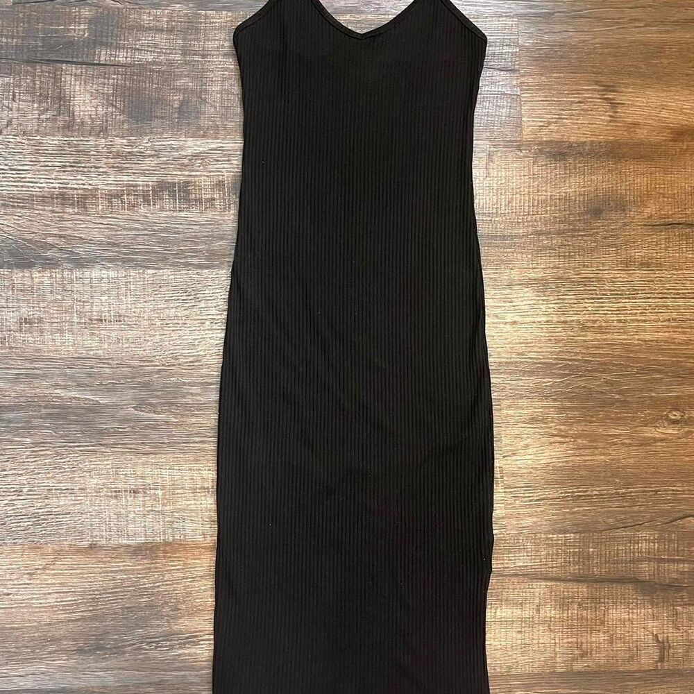 Black Ribbed Strappy Spaghetti Strap Midi Dress